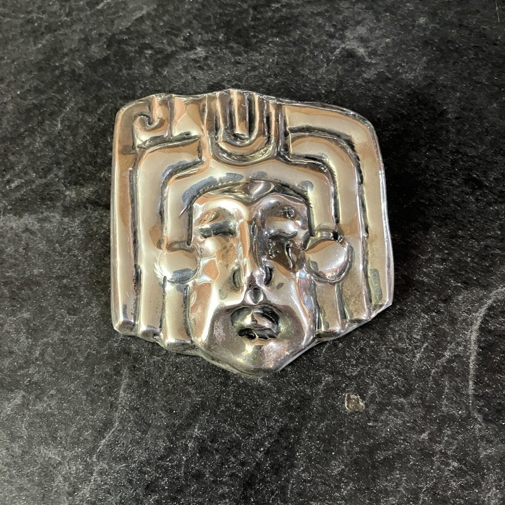 Mexican Sterling Silver Art Deco Pre Columbian Mask Brooch 1930's-1940's Vintage
